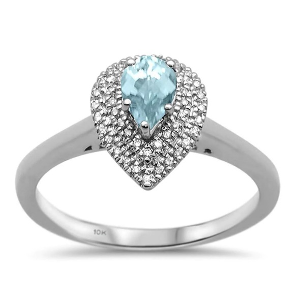 Stunning solid 10k white gold aquamarine and Diamond pear shape ring size 6.5 - Picture 6 of 7